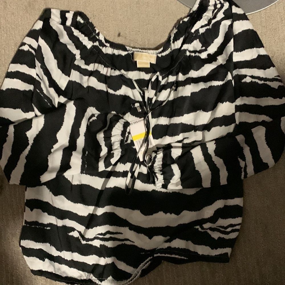 NWT MICHAEL Michael Kors Black & White Animal Print Long Sleeve Blouson Top